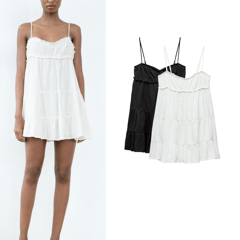 ZA 夏季新款无袖V领性感迷笛分层拼接吊带短连衣裙短裙 7200231