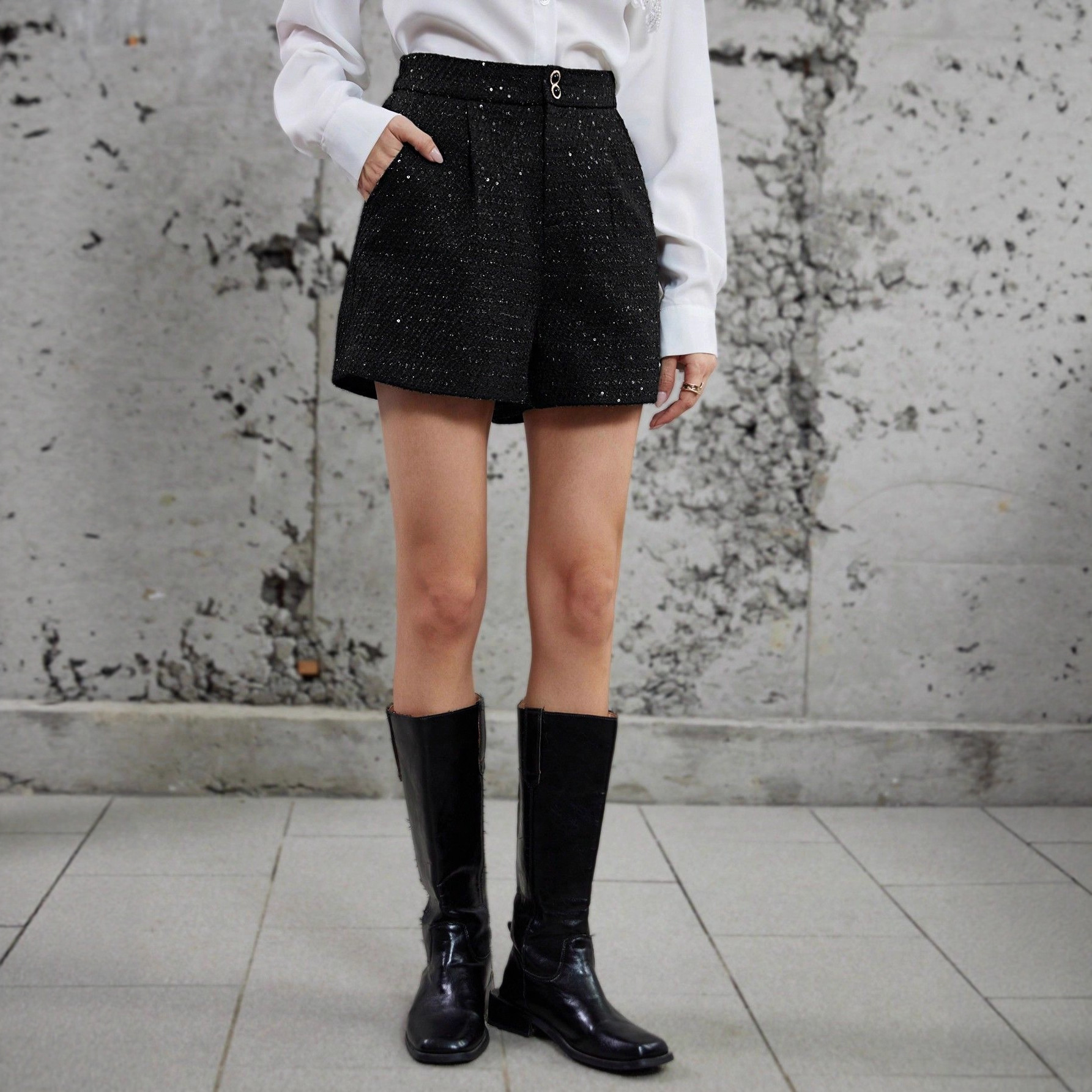 秋冬银丝亮片粗纺面料法式轻奢阔腿宽松显瘦高腰毛呢短裤时尚百搭