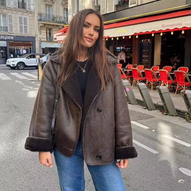 跨境欧美女装速卖通爆款羊羔毛翻领外套时尚百搭潮牌时髦韩版休闲