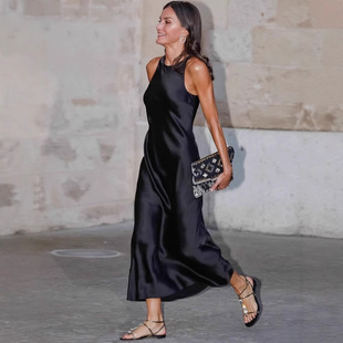 2025欧美跨境新款无袖连衣裙长裙修身时尚圆领气质优雅名媛风