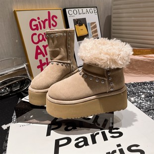 2025冬季新款增高雪地靴女时尚真皮铆钉厚底加绒保暖防滑中筒棉靴