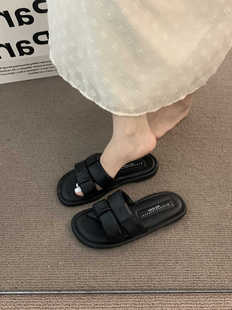 平底绝美凉拖鞋女夏外穿2024新款超火黑色一字拖孕妇软底沙滩凉鞋