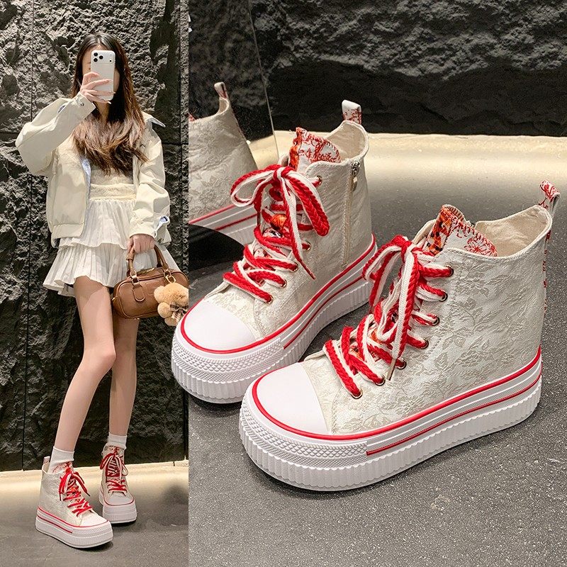 韩版厚底高帮马丁靴女春秋透气系带短靴白色休闲松糕底增高靴子,女鞋,马丁靴,淘宝优惠券,粉丝福利购,淘宝优惠卷