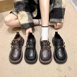 棕色复古棉鞋小皮鞋2024冬季新款加绒英伦风厚底增高一脚蹬乐福鞋