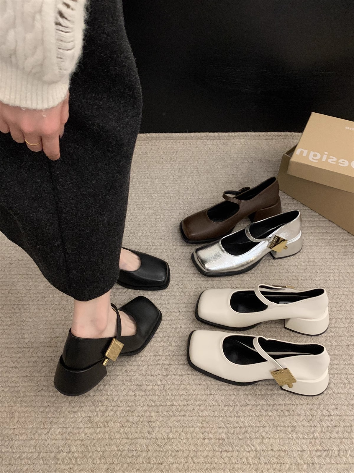 方头粗跟玛丽珍鞋女鞋子法式