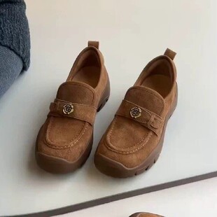 复古磨砂皮乐福鞋女2026春秋新款厚底一脚蹬金属扣圆头百搭小皮鞋