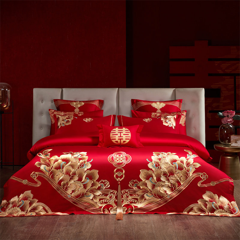结婚庆床品四件套全棉纯棉大红色绣花新婚礼高档床上婚房被套床单,床上用品,婚庆床品套件,淘宝优惠券,粉丝福利购,淘宝优惠卷
