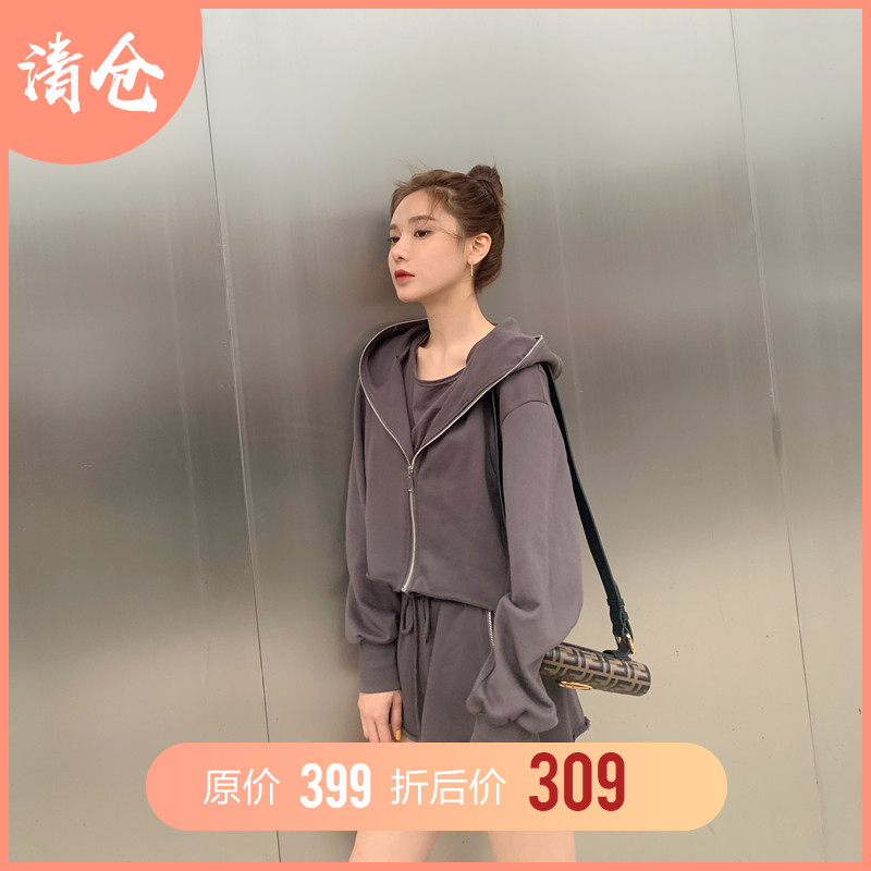 (用10元券)Nanaland美娜 很酷的灰色运动套装女夏街头潮穿搭无忧三件套休闲
