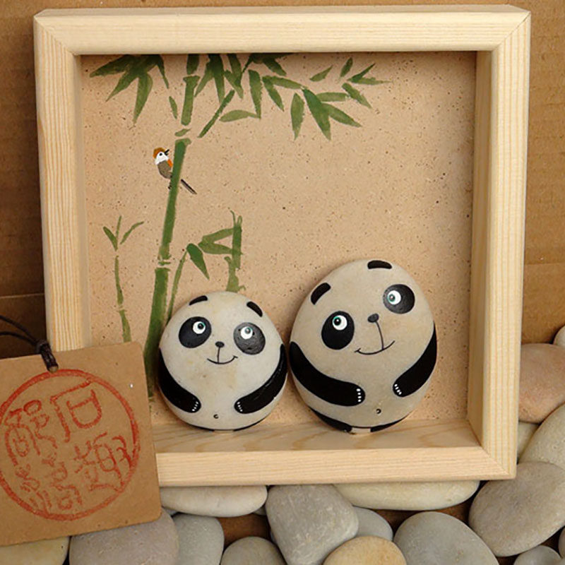 熊猫兄弟彩绘石头画半成品材料包鹅卵石家居儿童房装饰摆件可定制