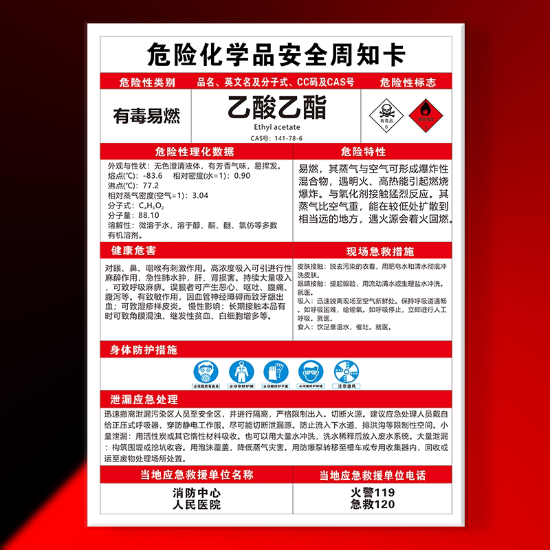 乙酸乙酯危险化学品安全周知卡盐酸环己酮硫酸亚铁油漆危化品标识