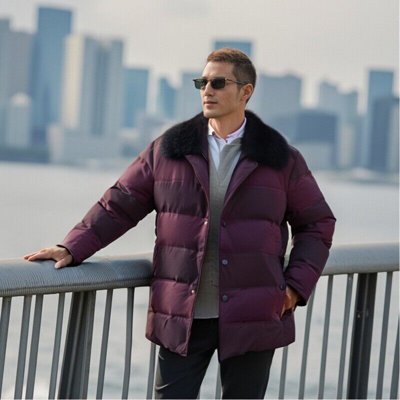 门襟缺扣子只有185~大狐狸毛领本命年翻领羽绒服品牌冬装爸爸外套