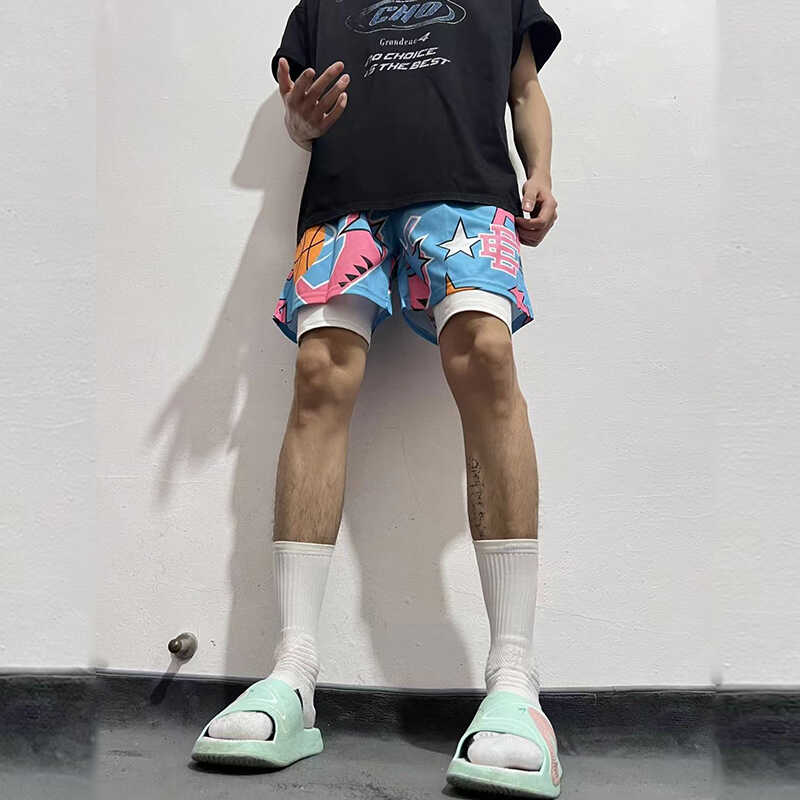 EE天蓝色美式短裤男四分不过膝运动休闲篮球裤假两件速干健身裤夏