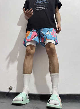 EE天蓝色美式短裤男四分不过膝运动休闲篮球裤假两件速干健身裤夏