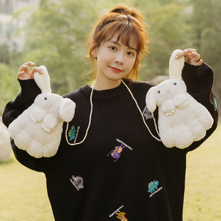卡通可爱小兔子爪子手套女软妹挂脖带绳子秋冬天毛绒加绒加厚保暖