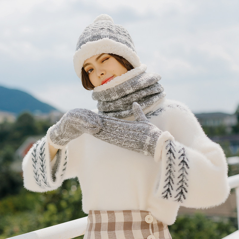 冬季加绒加厚保暖帽子围巾手套一体三件套装女韩版学生少女百搭潮