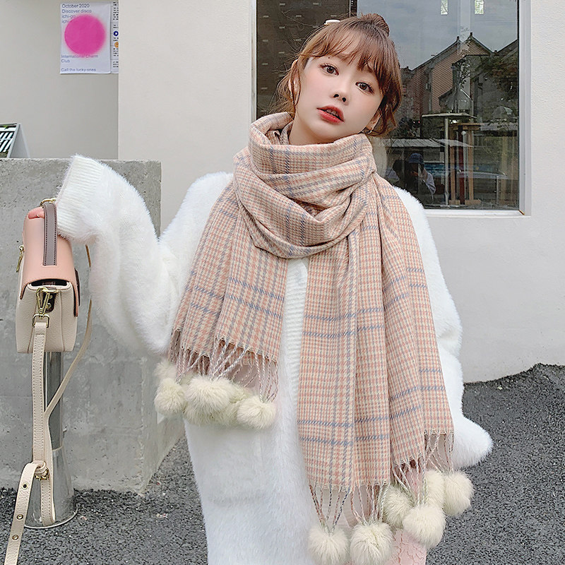 2023秋冬季新款韩版百搭女可爱球球格子长款围巾披肩外搭加厚保暖,服饰配件/皮带/帽子/围巾,围巾/丝巾/披肩,淘宝优惠券,粉丝福利购,淘宝优惠卷
