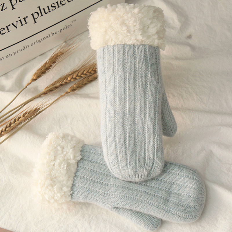 秋冬季针织韩版女可爱学生毛线手套加厚加绒保暖骑车防寒挂脖带绳