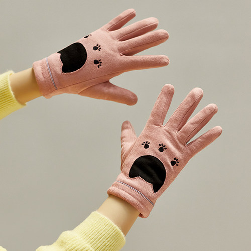 女款麂皮绒加绒保暖防风手套