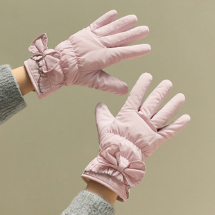 韩版 可爱蝴蝶结加绒保暖学生骑车加厚防风触屏手套女防寒防水 冬季