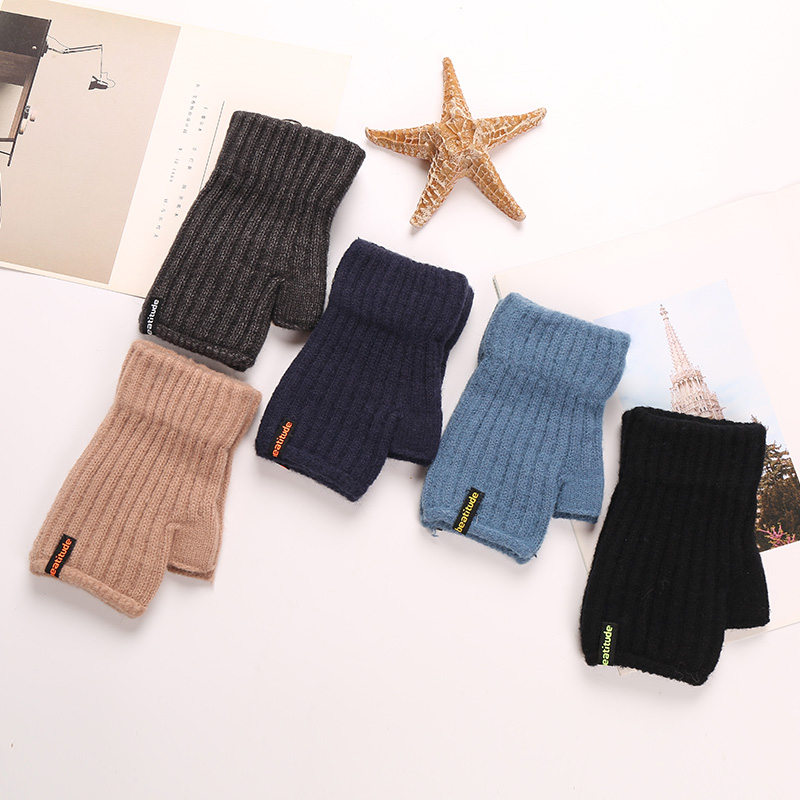 男女情侣款春秋冬季手套薄款可爱学生半指露指头写字毛线针织保暖