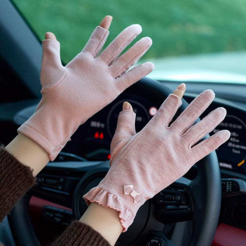 露二指手套女薄款春秋骑行开车可触屏棉质保暖冬季写字打字手套薄