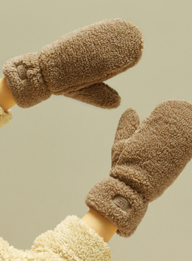 仿羊羔绒连指毛绒手套女冬季加厚加绒保暖韩系可爱防风防寒手闷子