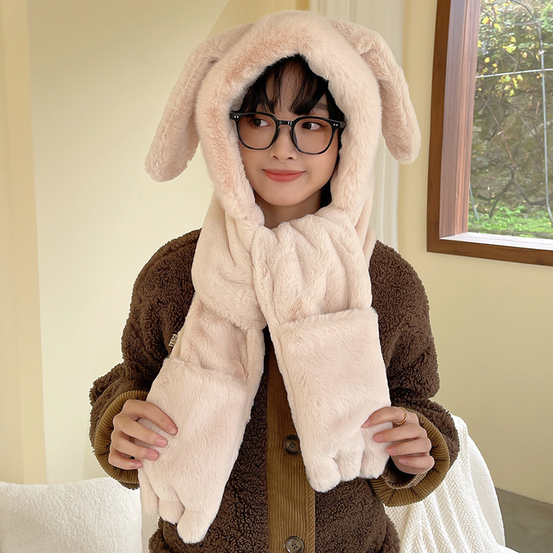 兔耳朵帽子围巾手套一体女冬季毛绒加厚保暖韩版可爱连帽围脖冬天