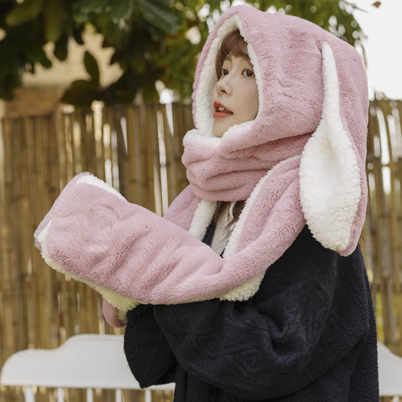 봉제인형 토끼귀 부동 머플러 장갑 모자 원피스 3종 세트 겨울 여성용 귀여운 동북 방한 보온