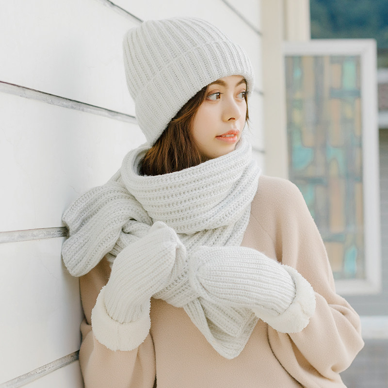 韩版学生秋冬季保暖女针织帽子围巾手套一体三件套保暖加厚礼盒装