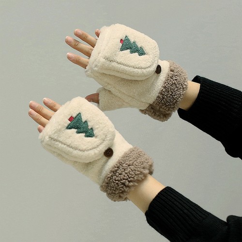 秋冬季学生半指翻盖毛绒绒棉手套