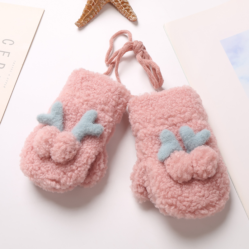 秋冬季ins卡通加绒连指儿童手套