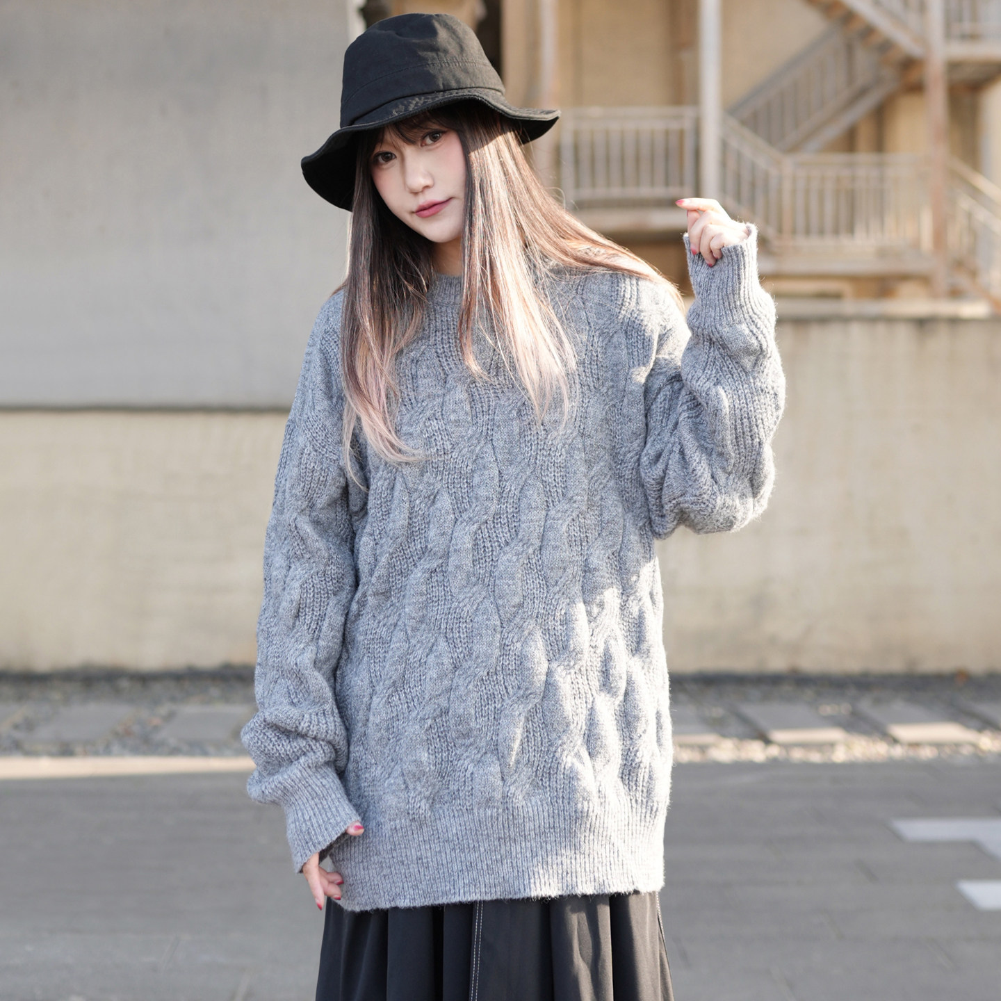 灰色麻花套头毛衣女春秋薄款韩版温柔慵懒风松弛感宽松针织衫上衣