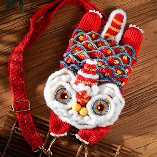 中国风醒狮包包醒狮帽手工diy毛线钩针编织材料包潮流古风斜挎包