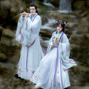 如梦霓裳汉服男女秋晋制情侣CP刺绣大袖衫白色山海经系列精精现货