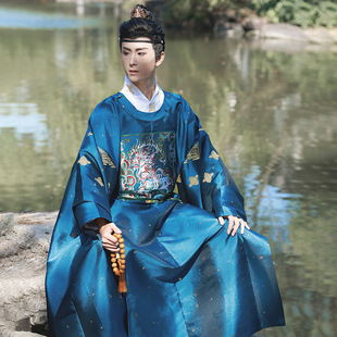 春秋季 圆领袍暗纹织金工艺青蓝中长款 如梦霓裳原创汉服男装 混沌