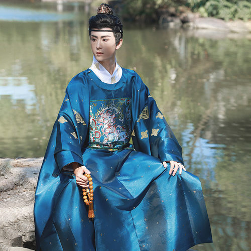混沌丨如梦霓裳原创汉服男装圆领袍暗纹织金工艺青蓝中长款春秋季