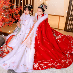 如梦霓裳汉服斗篷冬女披风结婚刺绣加绒加厚白毛呢长款红翩翩现货