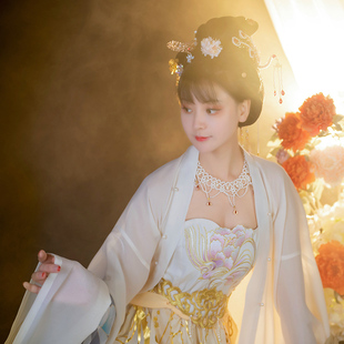如梦霓裳汉服女唐制诃子裙秋重工刺绣大袖衫白中国风烫金洛月