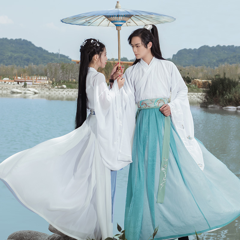 Rumeng Nishang 漢服の男性と女性 CP ジンシステムクロスカラースカートカップル着用ウエストレングススカート白い星座ヘビスポット