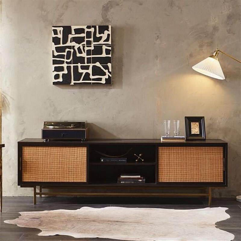北欧中古复古做旧侘寂风实木橡木藤编电视机柜客厅地柜组合视厅柜