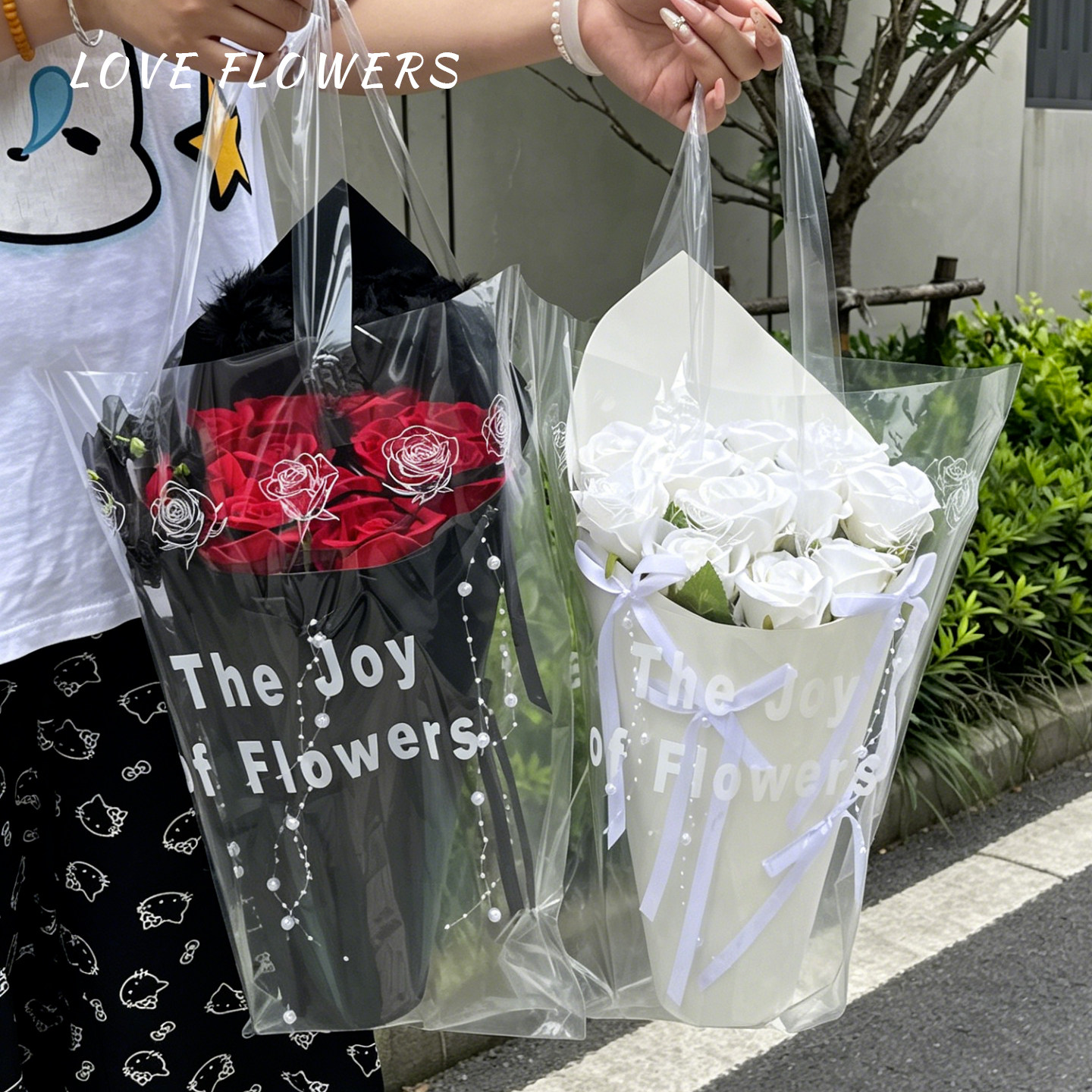 花中情透明英文防水花束手提袋