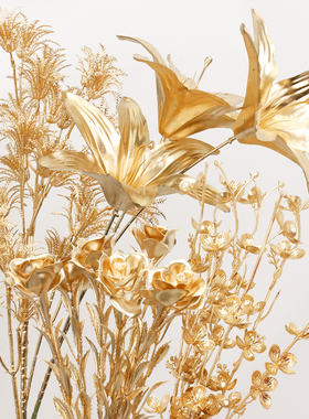 花中情新年仿真金色叶子花材喜庆冬青年宵发财福桶插花装饰摆件