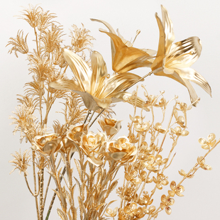 花中情新年仿真金色叶子花材喜庆冬青年宵发财福桶插花装饰摆件