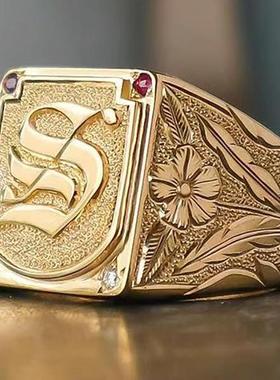 欧美跨境饰品 时尚潮流男士指环创意S字母花朵霸气男士戒指