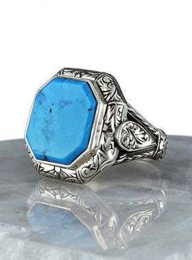 欧美饰品时尚几何方形浅蓝钻宝石戒指男士商务通勤百搭指环