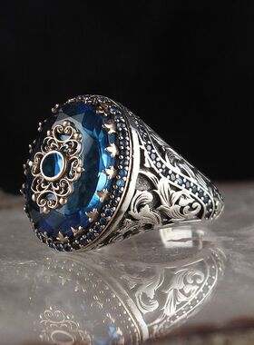 欧美蓝色锆石工匠镶钻男士简约合金复古戒指