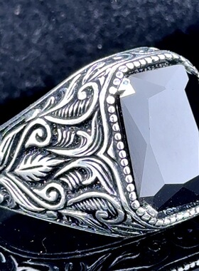 创意镶嵌方形绿钻男士戒指新款古银电镀花纹时尚霸气紫宝石男戒