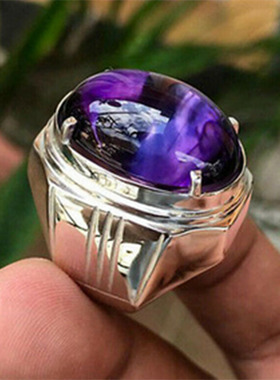 新款紫色蛋型不规则银色戒指男欧美流行时尚