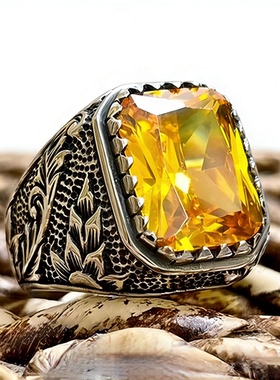 欧美复古男士雕花黄宝石戒指 霸气商务配饰个性潮男食指戒