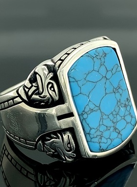 新款男士复古蓝松石戒指男 个性潮人穿搭配饰